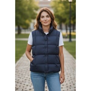 Lands End Womens Puffer downVest Navy Blue Insulated Snap Front Size L